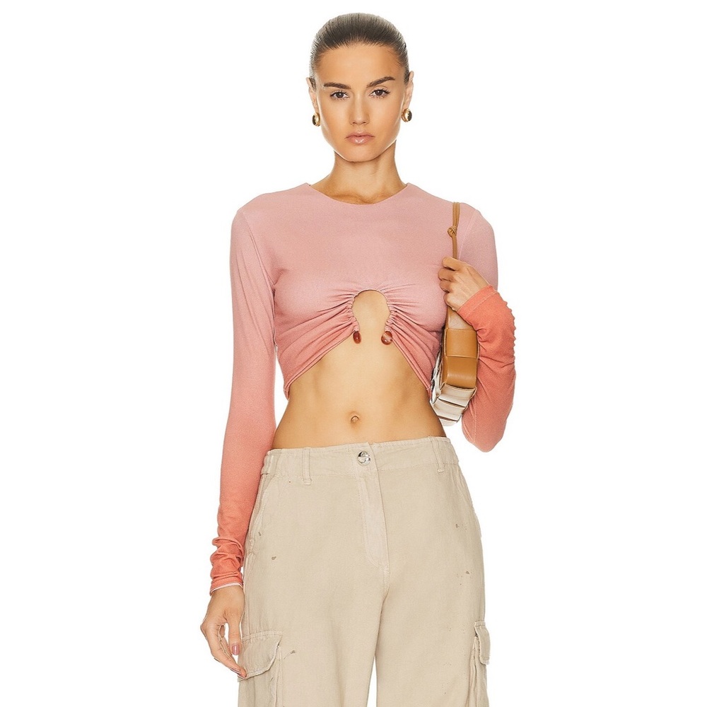 Jade Cropper Cutout Long Sleeve Crop Top in Tone Print Dusty Clay & Pink Ombré